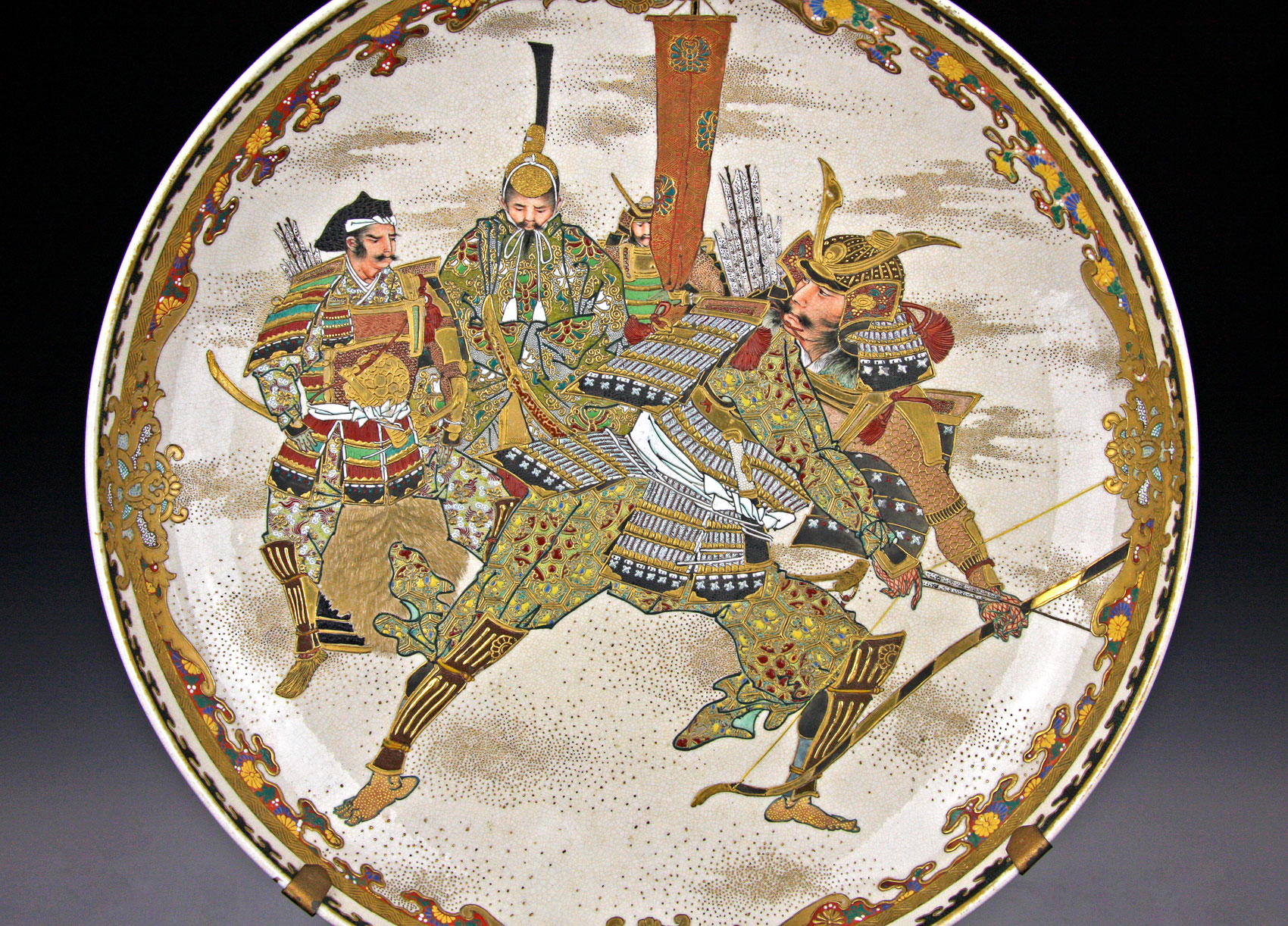 Large & magnificent Satsuma Samurai Yumi plate Japan Meiji circa 1890