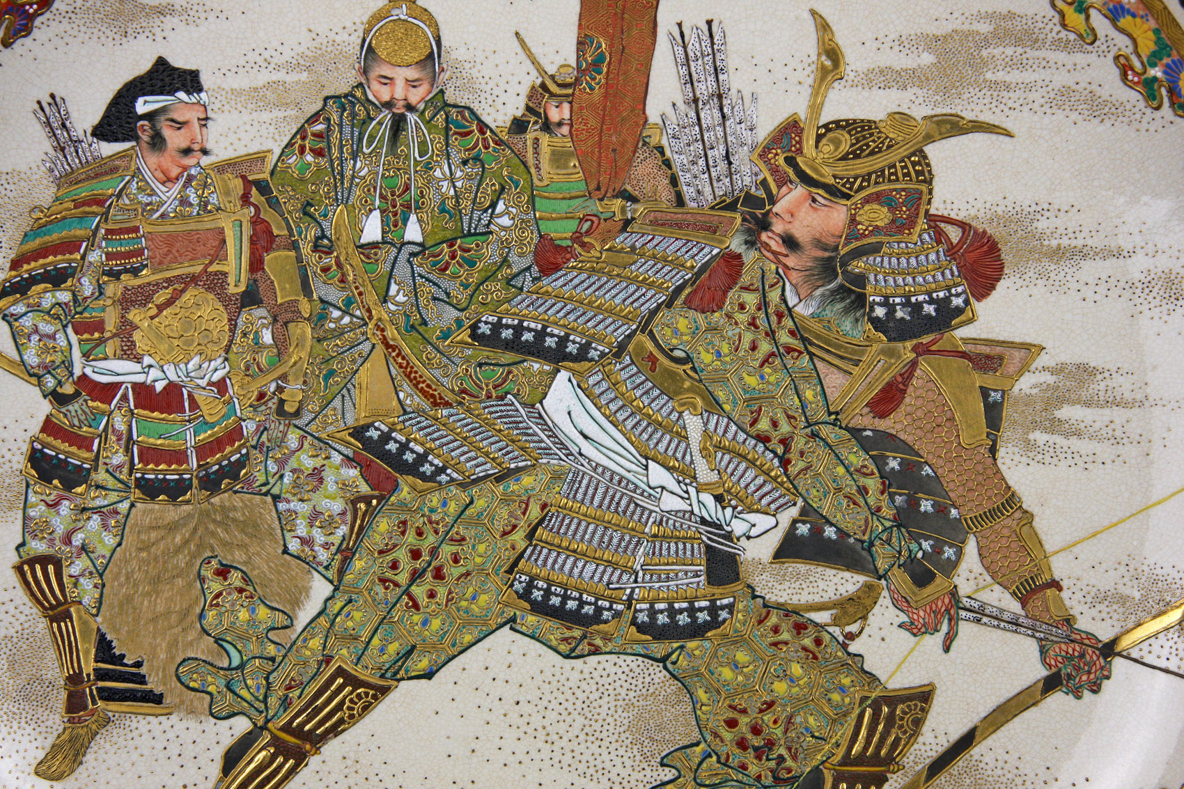 Large & magnificent Satsuma Samurai Yumi plate Japan Meiji circa 1890
